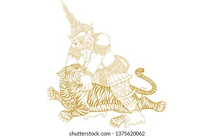 Tiger fighting with giant in Thai traditional painting vector
