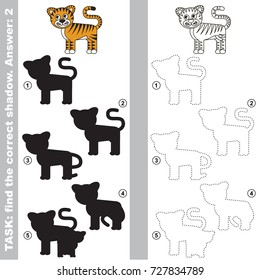 Tiger to find the correct shadow, the matching educational kid game to compare and connect objects and their true shadows, simple gaming level for preschool kids.