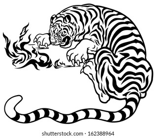 tiger with fire black and white tattoo illustration