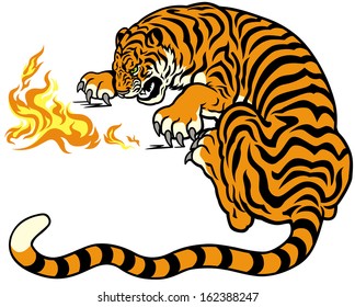 tiger with fire illustration isolated on white background