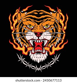 Tiger With Fire Traditional Tattoo Illustration Design