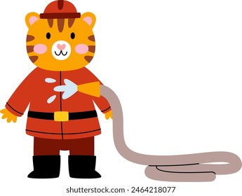 Tiger Firefighter With Fire Hose Vector Illustration