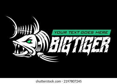tiger fish skull skeleton in modern vintagelogo design style template on black dark background vector illustration