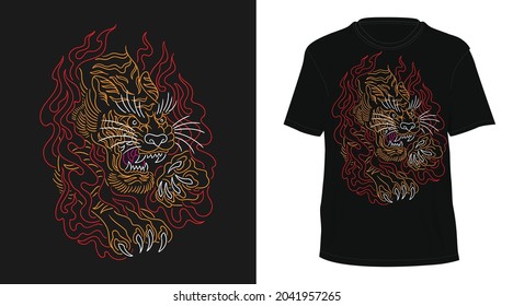 tiger flame vintage monoline hand drawn tshirt design