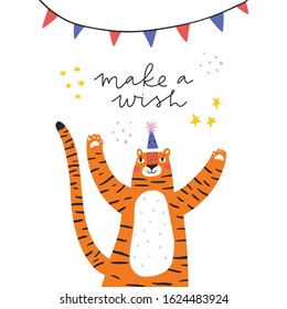 Tiger flat vector illustration with greeting typography