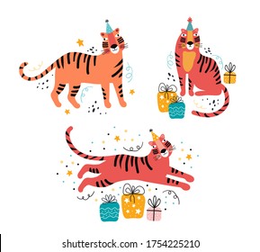 Tiger flat vector illustration with greeting typography. Birthday, holiday, new year, animal party hand drawn set. Funny wild cat character in holiday. Festive decoration, gifts, confetti, serpentine