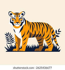 Tiger flat vector illustration on white background. Standing tiger cub in the jungle. Vector art isolated