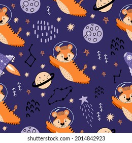 The tiger flies in space to the stars. Seamless pattern with planets, tigers, constellations, rockets, spaceships for decoration of children's fabrics, for newborns. 2022 - The Year of the Tiger.