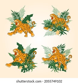 Tiger with floral decoration, chinese new year 2022 illustration 