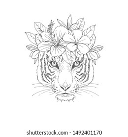 Tiger with floral wreath hand drawn sketch. Wild feline mammal head black ink engraving. Blooming Hibiscus, Frangipani with plant leaves in chaplet coloring book, postcard design element