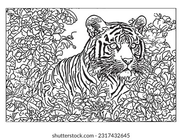 tiger and flower cloring page 