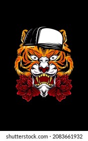 Tiger with flower and hat vector illustration
