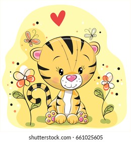 Tiger with flowers and butterflies in a meadow