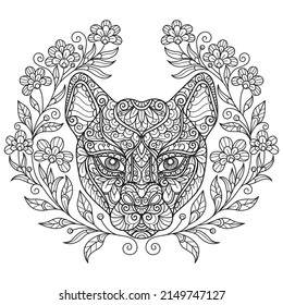 Tiger and flowers hand drawn for adult coloring book