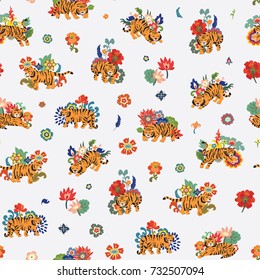 tiger and flowers illustration doodle vector seamless pattern