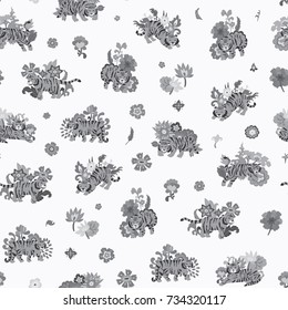 tiger and flowers illustration doodle vector seamless pattern