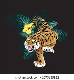 Tiger and flowers illustration, vector