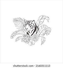 Tiger with flowers on white background. Vector Wild Animal. Safari.