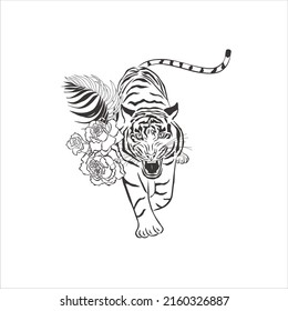Tigre con flores de fondo blanco. Animal salvaje vectorial. Safari.
