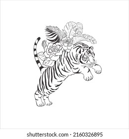 Tiger with flowers on white background. Vector Wild Animal. Safari.