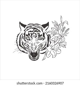 Tiger with flowers on white background. Vector Wild Animal. Safari.