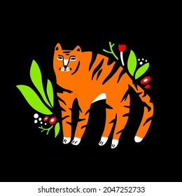 Tigre en la ilustración vectorial de flores. Animales salvajes con elementos florales sobre el fondo negro.