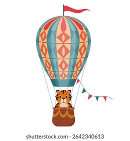 Tiger flying on hot air balloon. Flying hot air balloon with cute animal on board flat vector illustration. Cartoon tiger character flying on retro air transport
