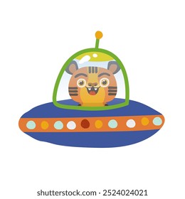 A tiger is flying on a flying saucer on a white background. Vector illustration