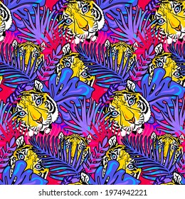 Tiger and foliage forest seamless pattern vector