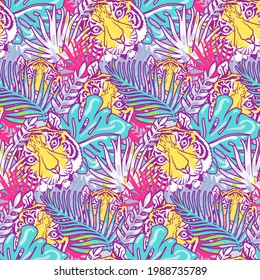 Tiger and foliage forest seamless pattern vector. Animal wild cat head and exotic tree leaf, beast striped muzzle and growing palm. Jungle wildcat life and botanical nature herb flat illustration