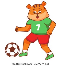 A tiger football game. Score a goal.Draw paths for the ball. Cute animal.Soccer player.Isolated on white background.Character cartoon vector illustration.