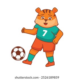 A tiger football game. Score a goal.Draw paths for the ball. Cute animal.Soccer player.Isolated on white background.Character cartoon vector illustration.