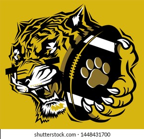 tiger football mascot holding ball in paw for school, college or league