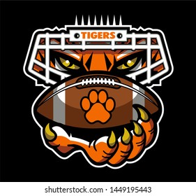 tiger football team design with mascot, facemask and ball for school, college or league