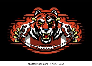 tiger football team design with mascot and half ball for school, college or league