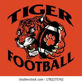 tiger football team design with mascot holding ball in paw for school, college or league