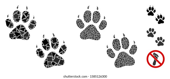 Tiger footprints icon mosaic of irregular parts in different sizes and color tinges, based on tiger footprints icon. Vector irregular pieces are organized into collage.