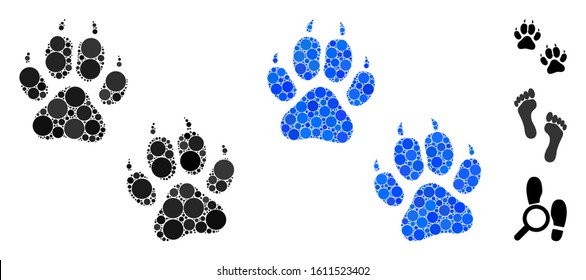 Tiger footprints mosaic of filled circles in different sizes and color tints, based on tiger footprints icon. Vector random circles are united into blue mosaic.
