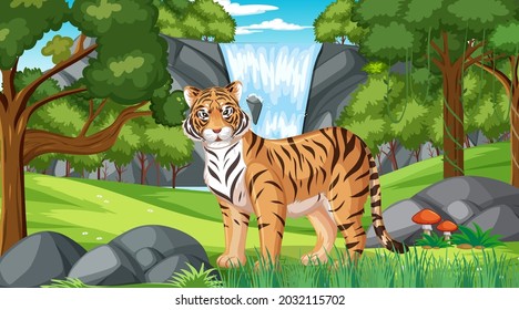 A tiger in forest or rainforest scene with many trees illustration