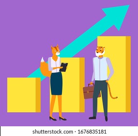 Tiger and fox brokers, man and woman hipster animals isolated growing chart with arrow. Vector collaboration of hipster animals, cartoon style managers