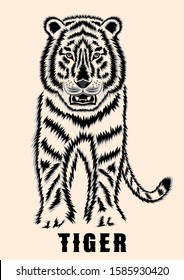 The tiger front view. Black outline pen detailed drawing. Contour vector for tattoo, print tee shirt isolated on a background.