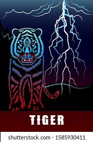The tiger, front view, on the background of night thunderstorms with lightning. colorful gradient outline pen detailed drawing. Contour vector for tattoo, print tee shirt isolated on a background.