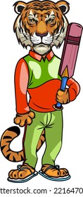Tiger funny cricket cartoon. Vector clip art illustration. Each element on a separate layer