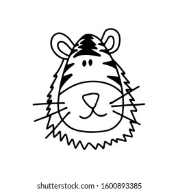 Tiger funny. Cute savanna animal in doodle style isolated on white background. Vector outline stock illustration. Textile kids print on t shirt. One line tattoo, sticker.