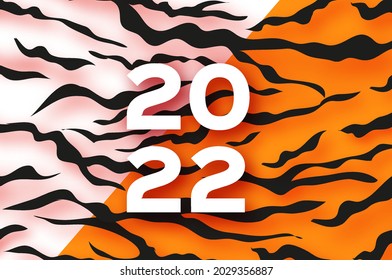 Tiger Fur. Happy Chinese New Year Greeting Card 2022. Wild Animal Holidays cartoon paper cut. Happy New Year. Big cat. Space for text. White Orange.