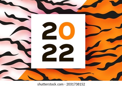 Tiger Fur. Happy Chinese New Year Greeting Card 2022. Wild Animal Holidays cartoon paper cut. Happy New Year. Big cat. Square Space for text. White Orange.