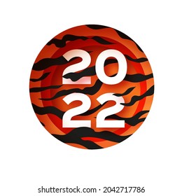 Tiger Fur. Happy Chinese New Year Greeting Card 2022. Wild Animal Holidays cartoon paper cut. Happy New Year. Big cat. Space for text. White Orange.