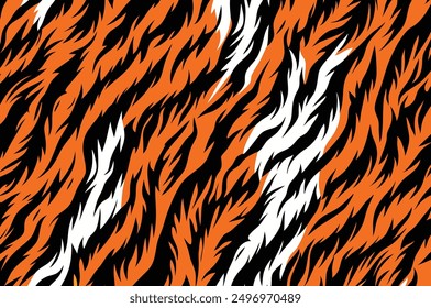 Tiger Fur Motif. Illustrate a seamless pattern featuring the iconic tiger stripes in vibrant orange, black, and white, suitable for wallpaper, fabric, and wrapping paper