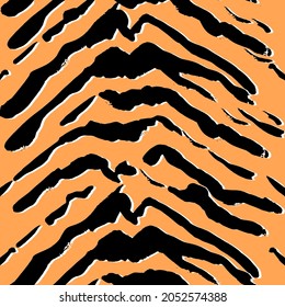 Tiger fur seamless pattern. Hand drawn spots vector illustration of animal skin. Black spots on orange background.