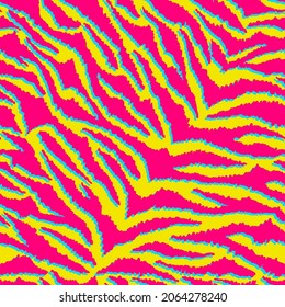 Tiger fur seamless pattern in trendy colors. Tigers skin print in hand drawn doodle style. Abstract animal background design. Vector illustration.